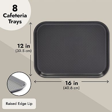 8 Pack Plastic Nonslip Serving Tray For Cafeteria, School Lunch, Black, 12 X 16"
