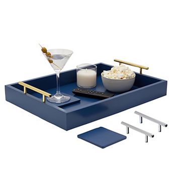Wooden Coffee Table Serving Tray with Handles and Coasters for Ottoman Blue