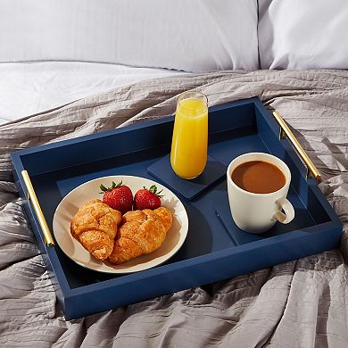 Wooden Coffee Table Serving Tray with Handles and Coasters for Ottoman Blue