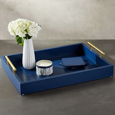 Wooden Coffee Table Serving Tray with Handles and Coasters for Ottoman Blue