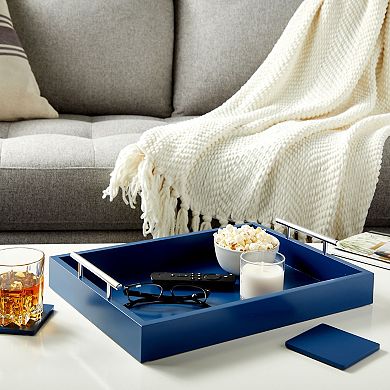 Wooden Coffee Table Serving Tray with Handles and Coasters for Ottoman Blue