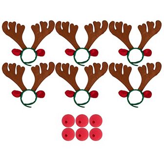 Set of 6 Reindeer Antlers Headband and Red Nose for Kids Holiday Costume