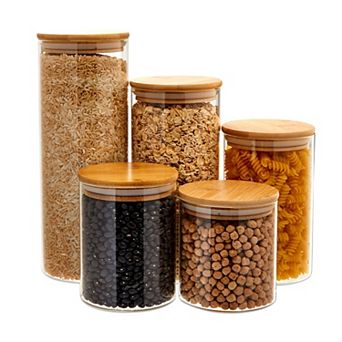 Set Of 5 Glass Storage Containers With Bamboo Lids, Airtight Kitchen Canisters In 5 Sizes