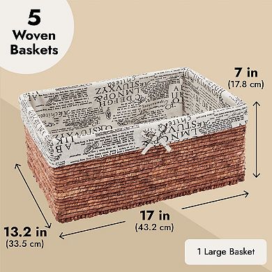 Set of 5 Brown Wicker Baskets with Cloth Lining for Storage, Lined Bins for Organizing Closet Shelves, Text Pattern (3 Sizes)