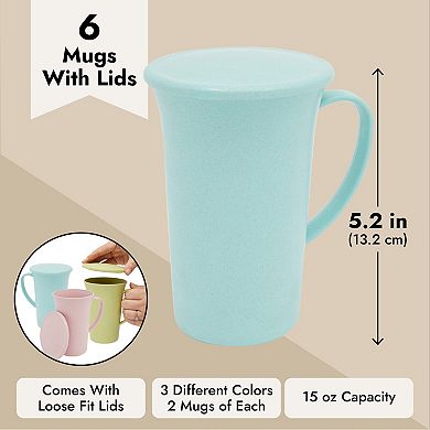 Wheat Straw Mugs with Handle, Set of 6 Unbreakable Coffee Cups with Lids (3 Colors, 15 oz)