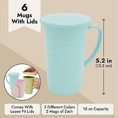 15 oz Wheat Straw Mugs with Handle, Set of 6 Unbreakable Coffee Cups with Lids