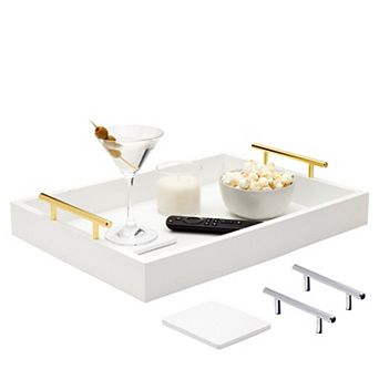 White Decorative Serving Tray with Handles and Coasters for Coffee Table