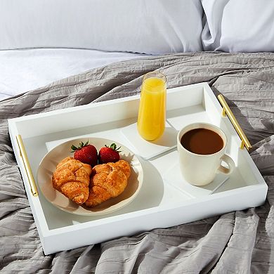 White Decorative Serving Tray with Handles and Coasters for Coffee Table