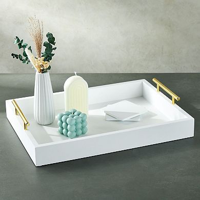 White Decorative Serving Tray with Handles and Coasters for Coffee Table