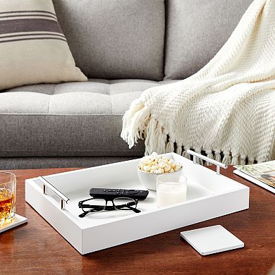Wooden Coffee Table Serving Tray With Handles And Coasters For Ottoman White