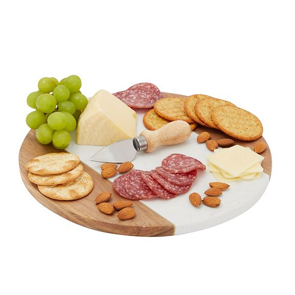 Round Marble and Wood Cutting Board, Cheese Charcuterie Serving Tray
