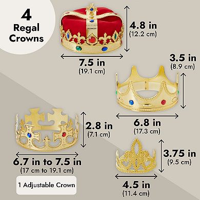 4 Pack Gold Costume Crown Royal King & Queen Jeweled Hat Party Favors Halloween Costume
