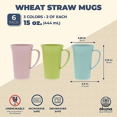 6 Pcs Wheat Straw Mugs with Handle, Unbreakable Coffee Cups, 3 Colors, 15 oz