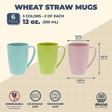 Wheat Straw Mugs, Unbreakable Coffee Mug Set in 3 Colors (12 oz, 6-Pack)