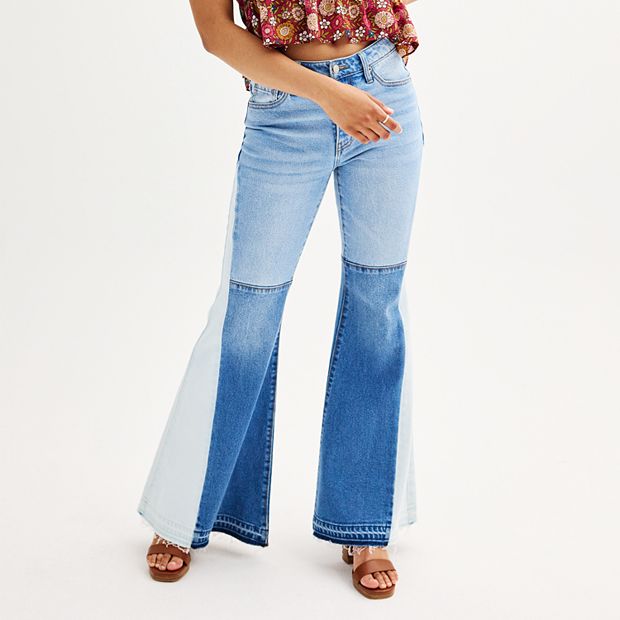 Juniors' SO® Patched Tri-Tone Denim Flare Jeans