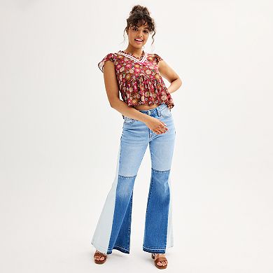 Juniors' SO® Patched Tri-Tone Denim Flare Jeans