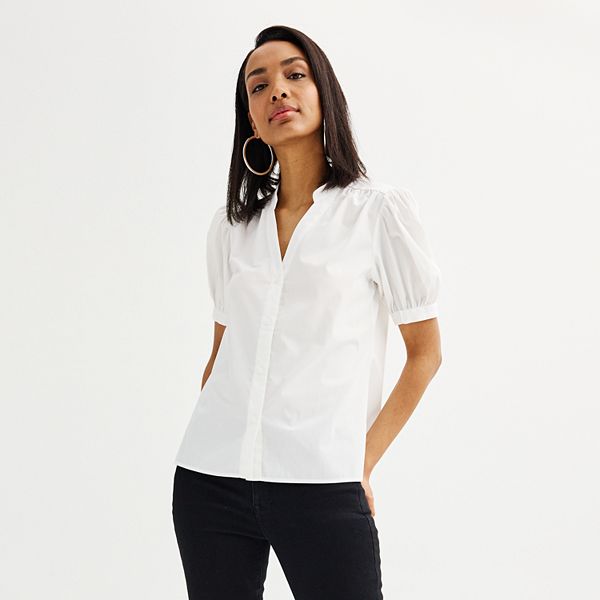 Womens Nine West Puff Sleeve Button-Down Shirt - White Knight (SMALL)