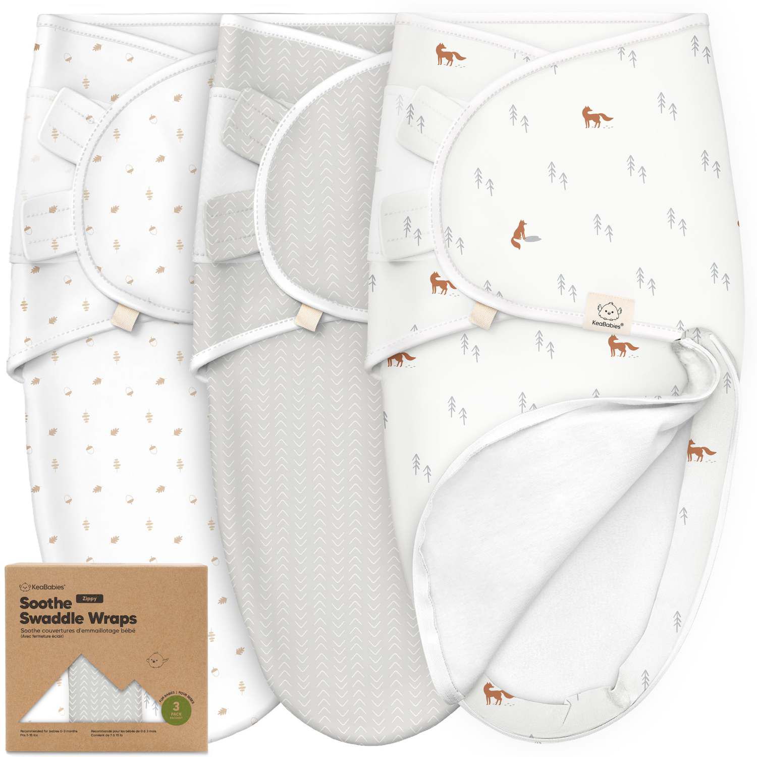 Keababies 3pk Soothe Zippy Baby Swaddles, Newborn Sleep Sacks, Zipper Swaddle Blanket