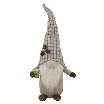 14" Beige Plaid Coffee Bean Gnome with Coffee Cup