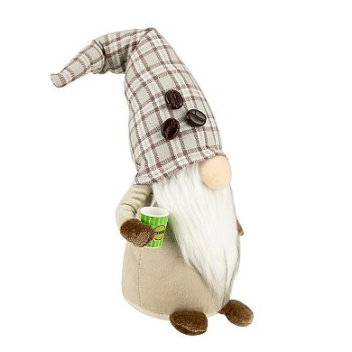 14" Beige Plaid Coffee Bean Gnome with Coffee Cup