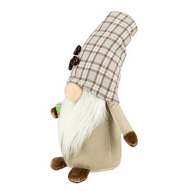 14" Beige Plaid Coffee Bean Gnome with Coffee Cup