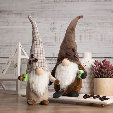 14" Beige Plaid Coffee Bean Gnome with Coffee Cup