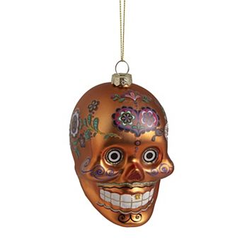 4" Orange Day of the Dead Glass Skull Halloween Ornament