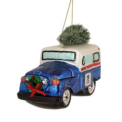 5" Blue and White "U.S. Mail" Service Truck with Tree Glass Christmas Ornament