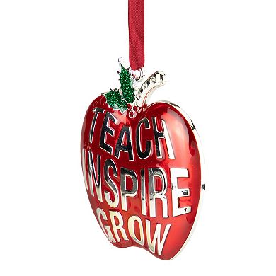3.25" Red and Silver Plated Apple Teacher Christmas Ornament with European Crystals