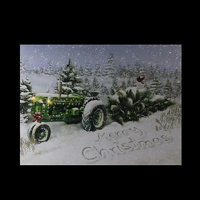 Fiber Optic and LED Lighted Merry Christmas Tractor Canvas Wall Art 12" x 15.75"
