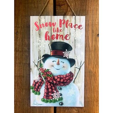 White and Red Snowman Printed Rectangular Christmas Wall Sign with Rope Hanger 10" x 6"