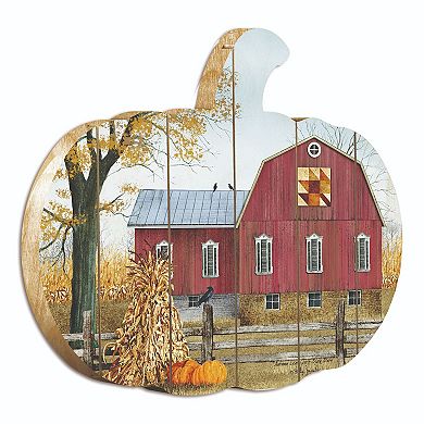 17" Red and Ivory "Autumn Leaf Quilt Block Barn" Hanging Pumpkin Thanksgiving Wall Decor