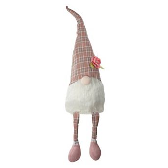 29" Pink and White Plaid Spring Gnome Table Top Figure with Dangling Legs