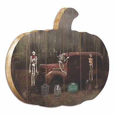 17" Brown and White Spooky Crew Hanging Pumpkin Halloween Wall Decor