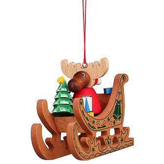 3" Brown Red and Green Moose in a Sled Collectible Christian Ulbricht Ornament