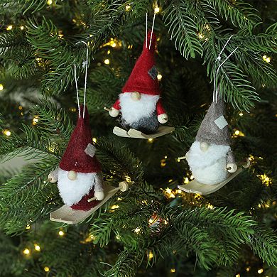 Set of 3 Red and Gray Skiing Gnome Christmas Ornaments 4"