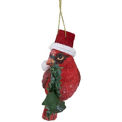 3.5" Red Cardinal Bird Wearing Santa Hat Christmas Ornament