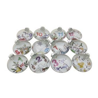 12 ct Clear 'The Twelve Days of Christmas' Glass Disc Ornaments 3"
