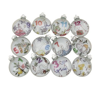 12ct Clear 'The Twelve Days of Christmas' Glass Disc Ornaments 3"