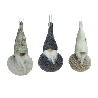 Set of 3 Gray and Cream Plush Santa Gnomes Christmas Ornaments 4.75"