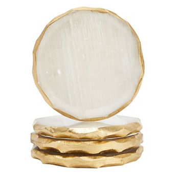 4 Pack Natural Selenite Crystal Coasters, Geode Slices with Gold Edge, 3.75 - 4"