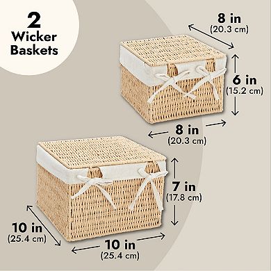 2-Pack Wicker Baskets with Lids, Woven Storage Baskets with Liners, 2 Sizes