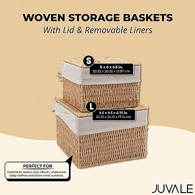 2-Pack Wicker Baskets with Lids, Woven Storage Baskets with Liners, 2 Sizes