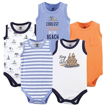 Hudson Baby Infant Boy Cotton Sleeveless Bodysuits 5 pk Sandcastle, 6-9 Months