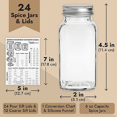 24 Glass 6 Oz Spice Jars With Lids And Labels, Sift/pour, Course Shakers