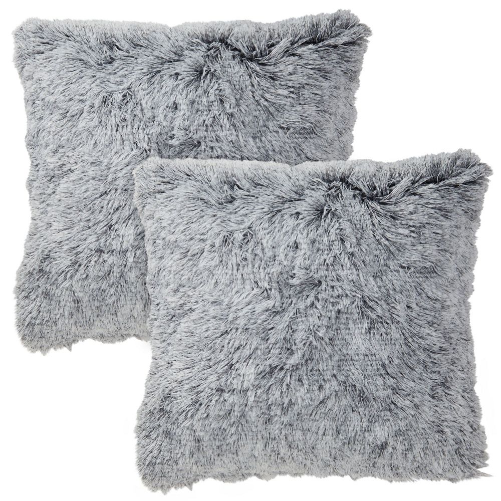 2 Pack Decorative Grey Fuzzy Faux Fur Throw Pillow Covers For Couch ...