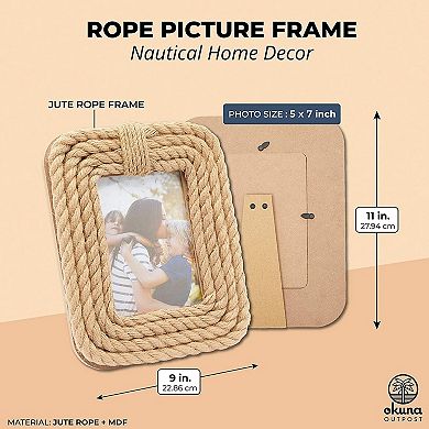 Jute Rope Picture Frame for 5x7 Inch Photos, Nautical Home Décor