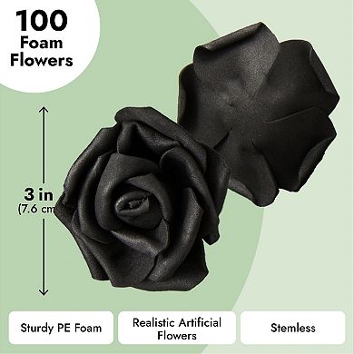 100-pack Black Artificial Flowers, Bulk Stemless Fake Foam Roses For Crafts, 3"