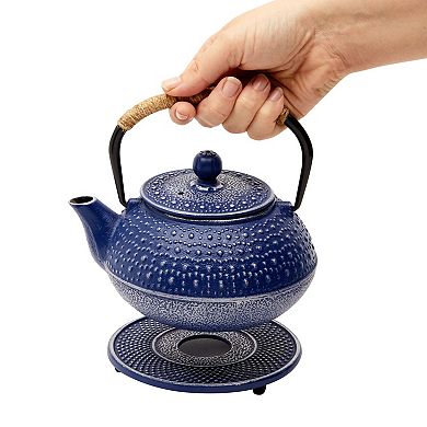 3 Piece Set Blue Japanese Cast Iron Teapot, Loose Leaf Tetsubin with Infuser and Trivet (27 oz)