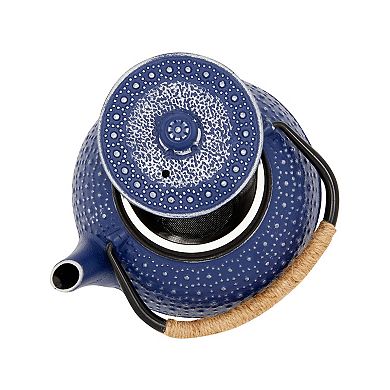 3 Piece Set Blue Japanese Cast Iron Teapot, Loose Leaf Tetsubin with Infuser and Trivet (27 oz)
